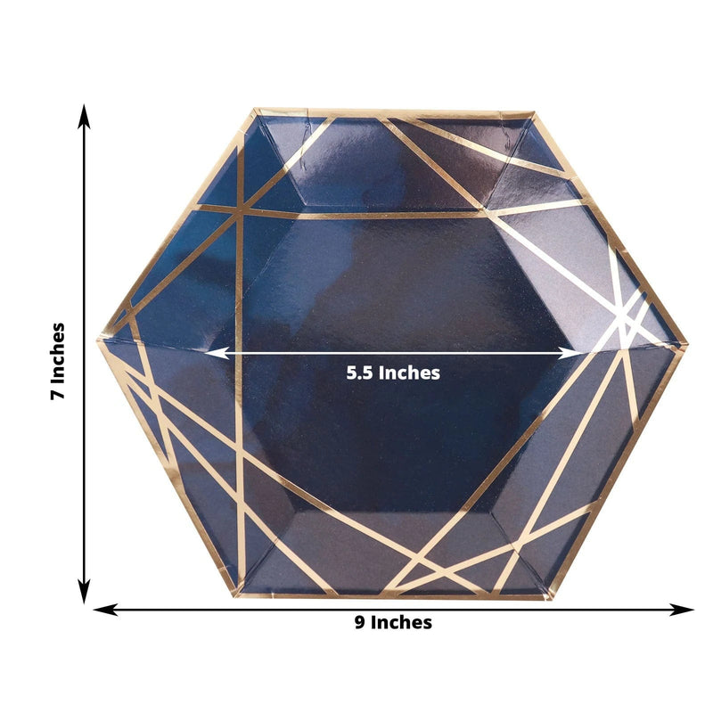 25 pcs 9" Navy Blue Hexagon Paper Dinner Plates with Gold Trim Design - Disposable Tableware DSP_PPGH0003_7_NAVYGD