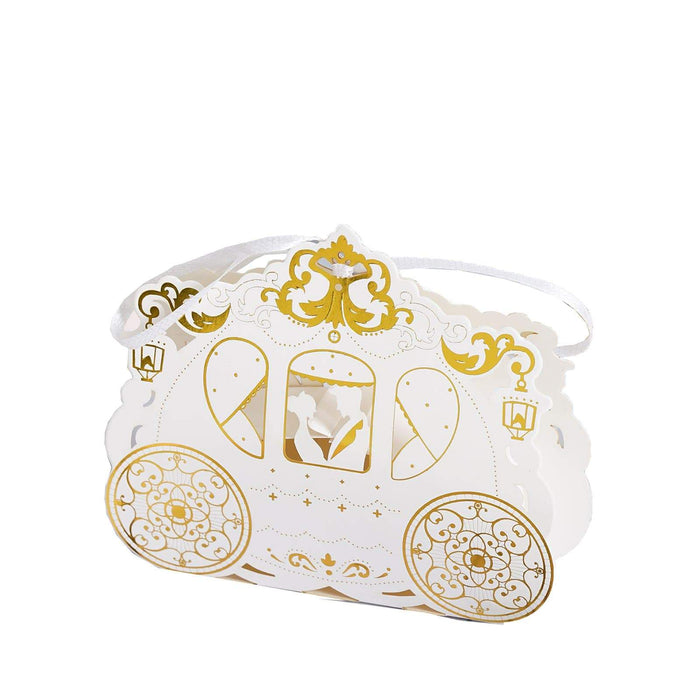 25 pcs Cinderella Carriage Wedding Favor Boxes with Ribbons - Gold and White