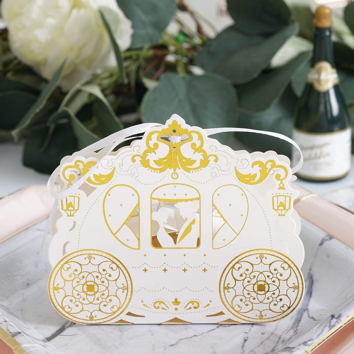25 pcs Cinderella Carriage Wedding Favor Boxes with Ribbons - Gold and White BOX_COACH01_GOLD