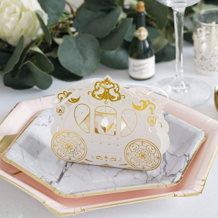 25 pcs Cinderella Carriage Wedding Favor Boxes with Ribbons - Gold and White BOX_COACH01_GOLD