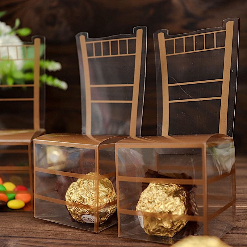 25 Plastic Favor Boxes Chair Shaped Party Gift Holders - Clear and Gold BOX_2X2_CHAIR01_GOLD