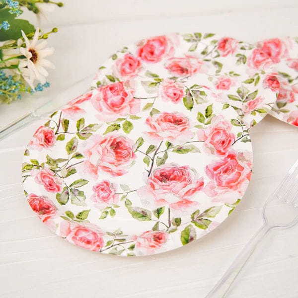 25 Round 7" Disposable Paper Plates Flower Design - White and Pink DSP_PPR0005_7_FLO
