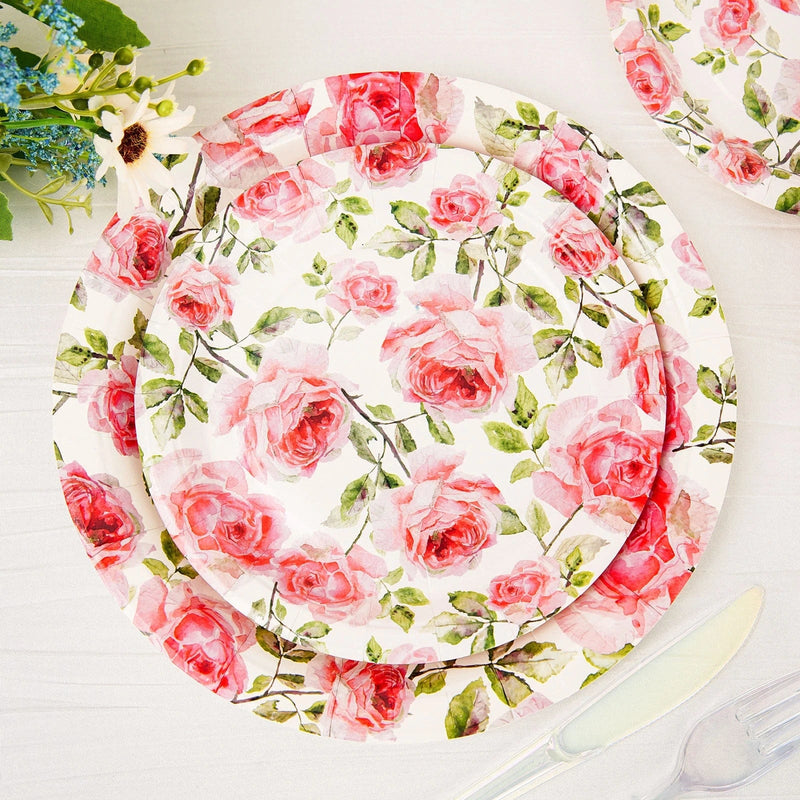 25 Round 7" Disposable Paper Plates Flower Design - White and Pink DSP_PPR0005_7_FLO