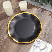 25 Round 8" Black with Gold Wavy Rim Salad Plates - Disposable Tableware
