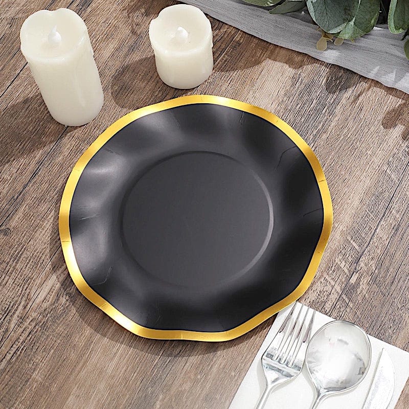 25 Round 8" Black with Gold Wavy Rim Salad Plates - Disposable Tableware