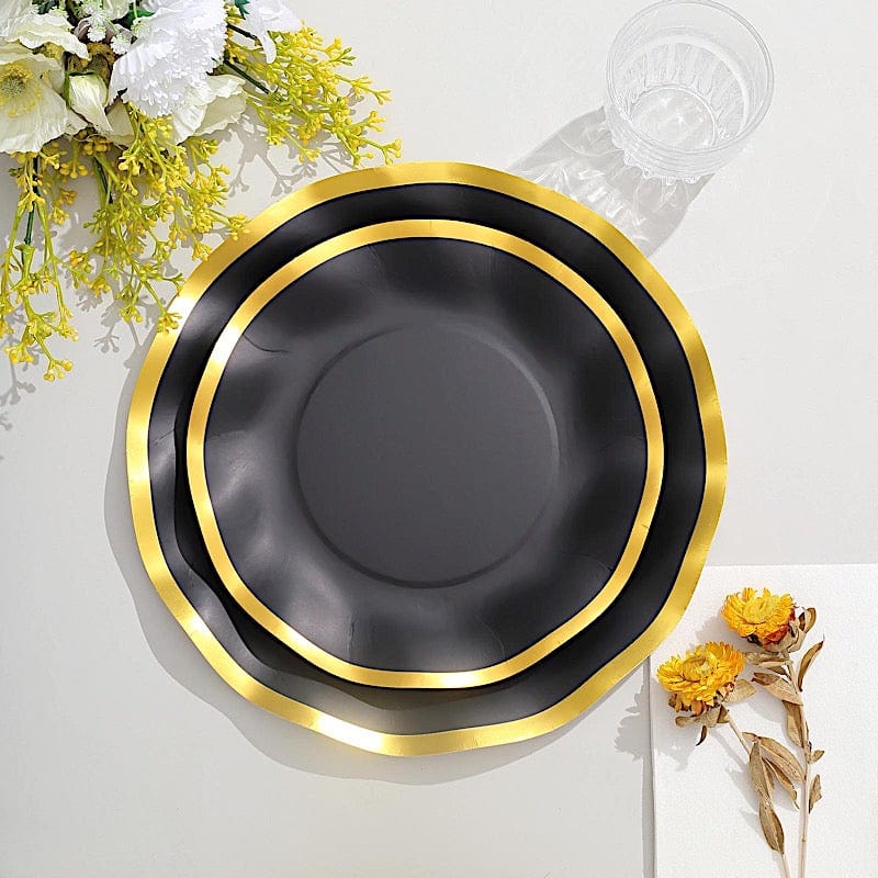 25 Round 8" Black with Gold Wavy Rim Salad Plates - Disposable Tableware