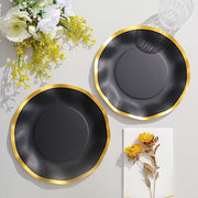 25 Round 8" Black with Gold Wavy Rim Salad Plates - Disposable Tableware