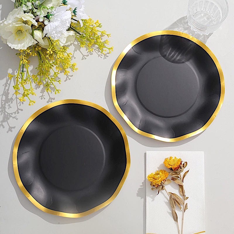 25 Round 8" Black with Gold Wavy Rim Salad Plates - Disposable Tableware