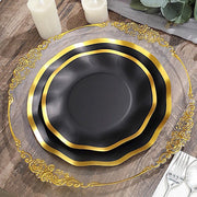25 Round 8" Black with Gold Wavy Rim Salad Plates - Disposable Tableware