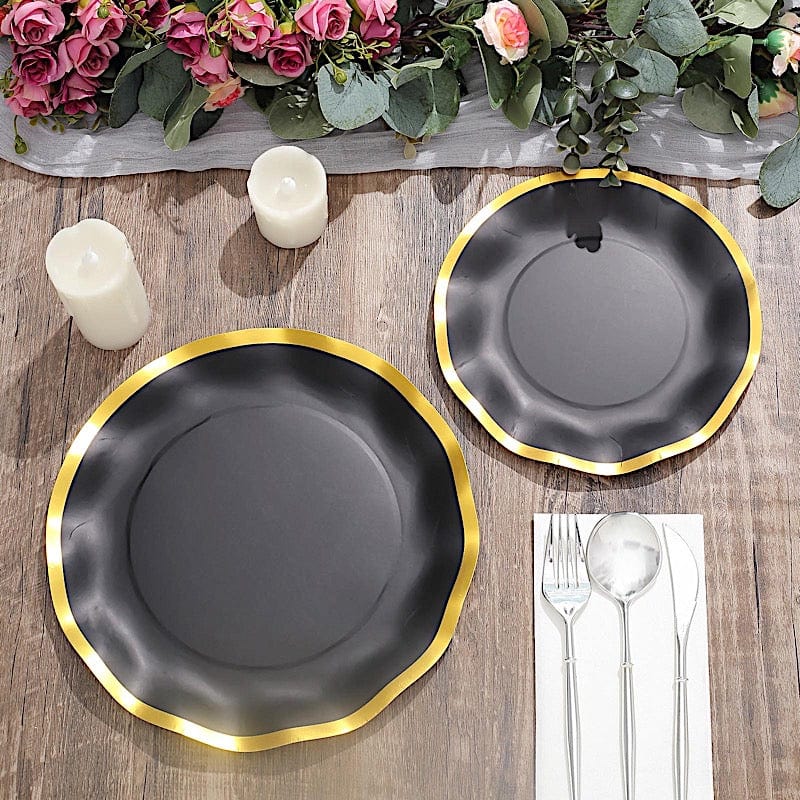 25 Round 8" Black with Gold Wavy Rim Salad Plates - Disposable Tableware