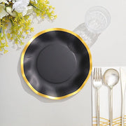 25 Round 8" Black with Gold Wavy Rim Salad Plates - Disposable Tableware