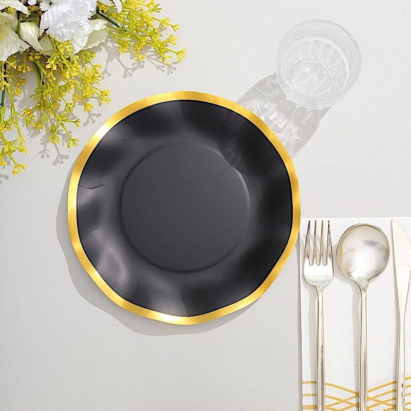 25 Round 8" Black with Gold Wavy Rim Salad Plates - Disposable Tableware
