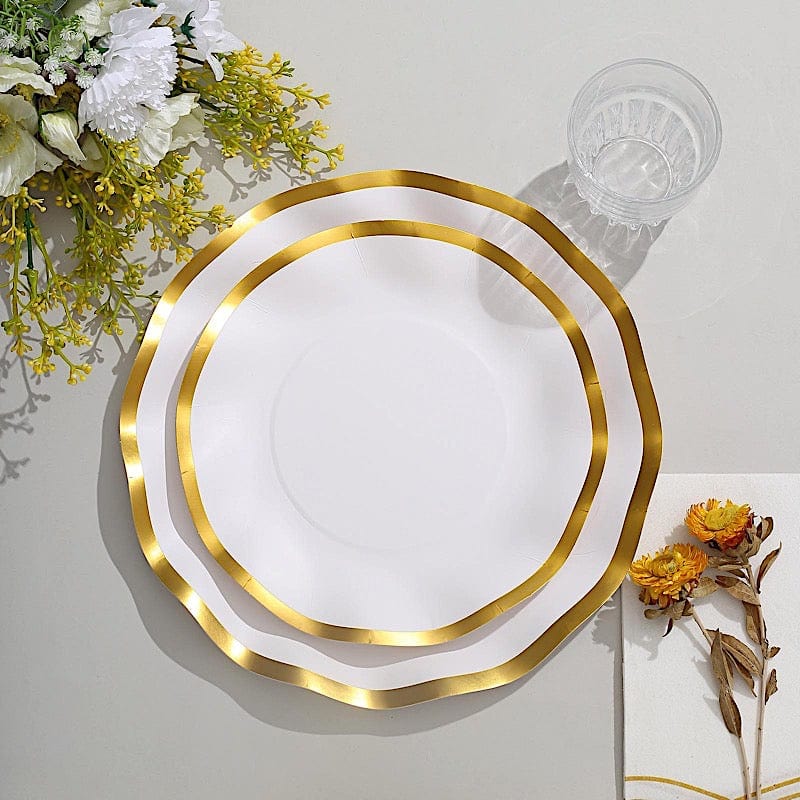 25 Round 8" Black with Gold Wavy Rim Salad Plates - Disposable Tableware