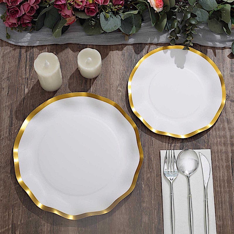 25 Round 8" Black with Gold Wavy Rim Salad Plates - Disposable Tableware