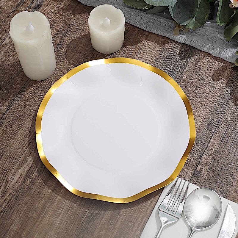 25 Round 8" Black with Gold Wavy Rim Salad Plates - Disposable Tableware