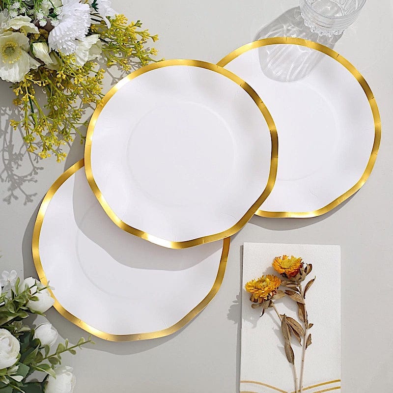 25 Round 8" Black with Gold Wavy Rim Salad Plates - Disposable Tableware