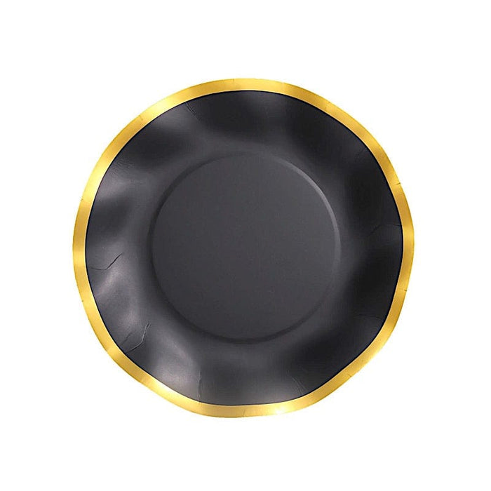 25 Round 8" Black with Gold Wavy Rim Salad Plates - Disposable Tableware DSP_PPR0018_8_BKGD
