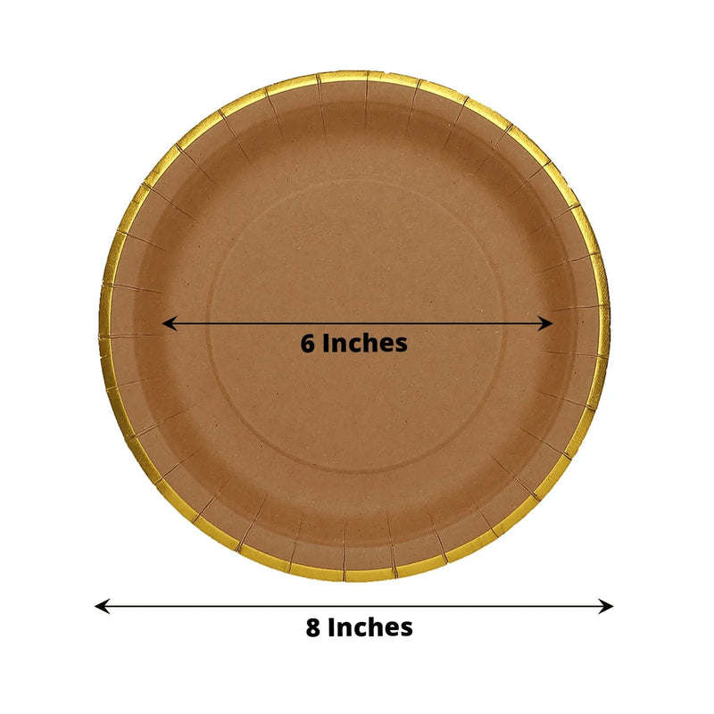 25 Round Natural Paper Salad Dinner Plates with Gold Lined Rim - Disposable Tableware