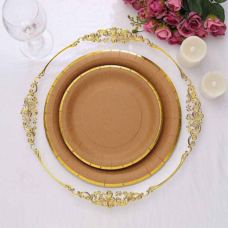 25 Round Natural Paper Salad Dinner Plates with Gold Lined Rim - Disposable Tableware
