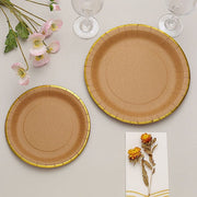25 Round Natural Paper Salad Dinner Plates with Gold Lined Rim - Disposable Tableware