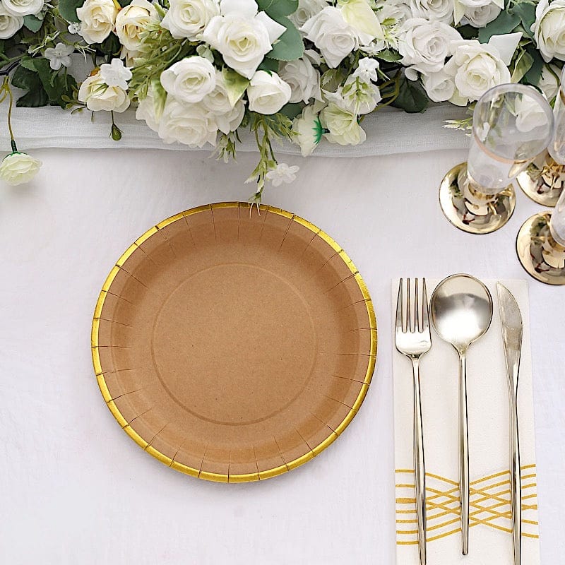 25 Round Natural Paper Salad Dinner Plates with Gold Lined Rim - Disposable Tableware