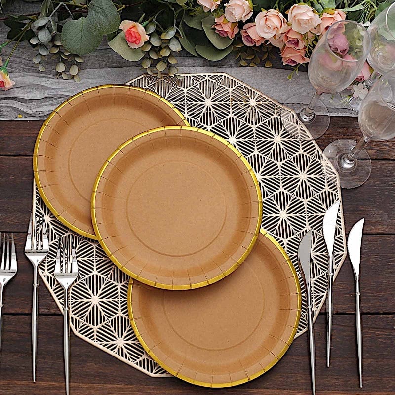 25 Round Natural Paper Salad Dinner Plates with Gold Lined Rim - Disposable Tableware