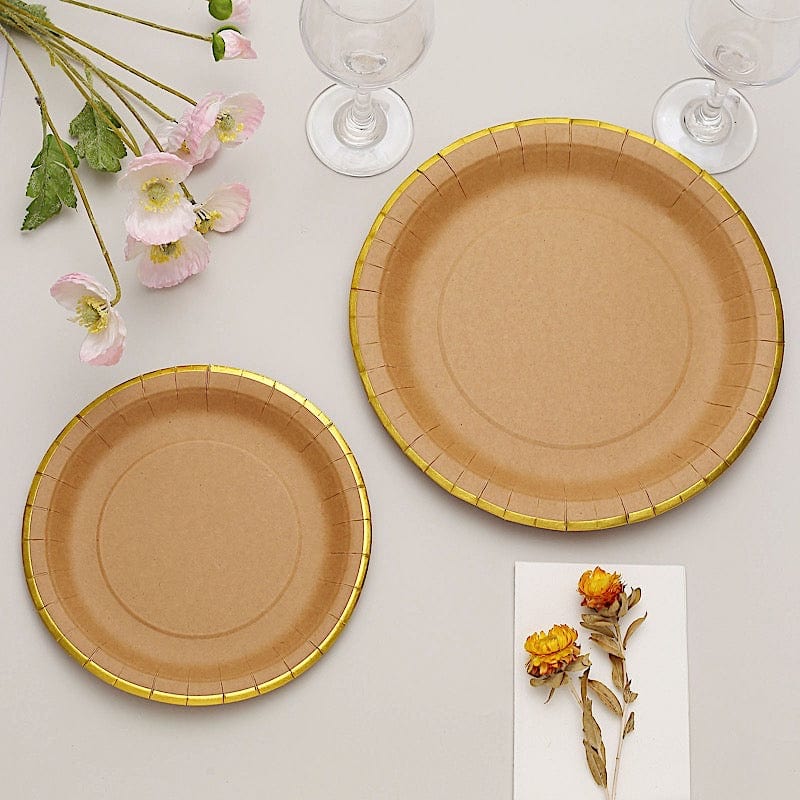 25 Round Natural Paper Salad Dinner Plates with Gold Lined Rim - Disposable Tableware