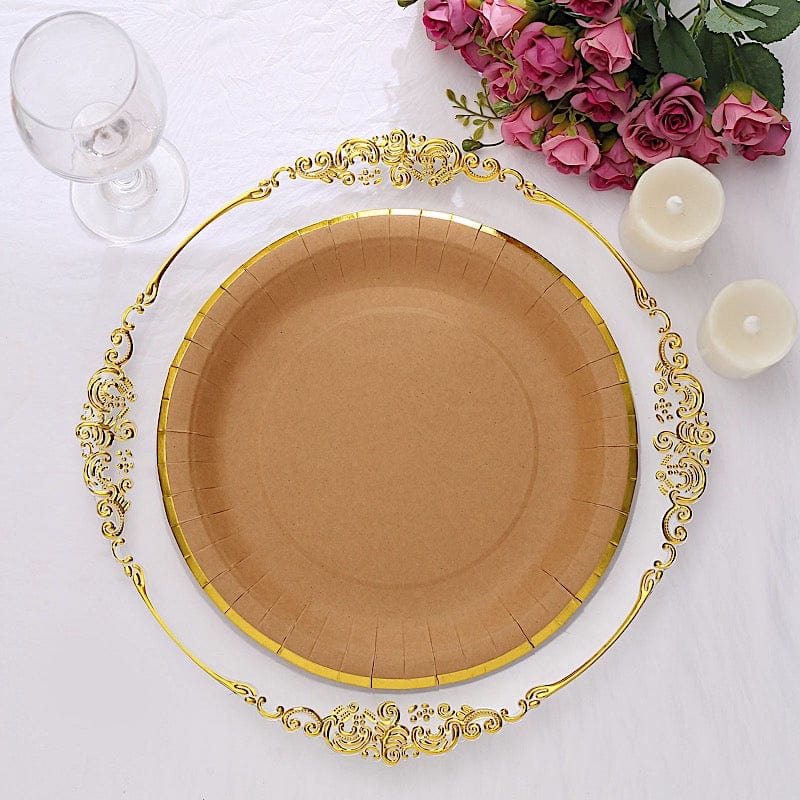 25 Round Natural Paper Salad Dinner Plates with Gold Lined Rim - Disposable Tableware