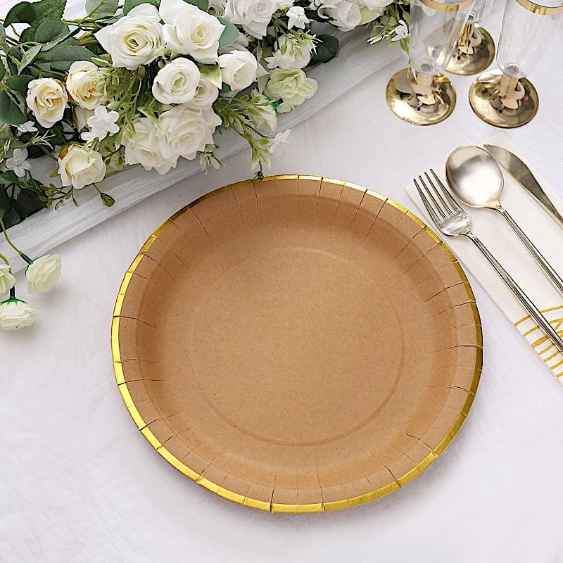 25 Round Natural Paper Salad Dinner Plates with Gold Lined Rim - Disposable Tableware