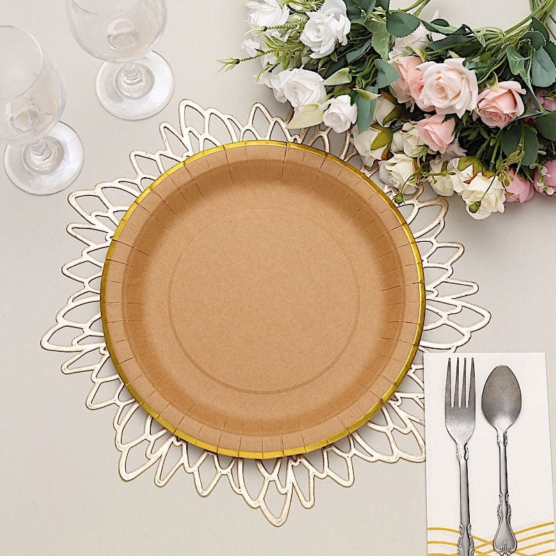 25 Round Natural Paper Salad Dinner Plates with Gold Lined Rim - Disposable Tableware