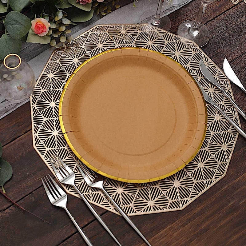 25 Round Natural Paper Salad Dinner Plates with Gold Lined Rim - Disposable Tableware