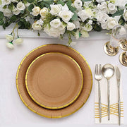 25 Round Natural Paper Salad Dinner Plates with Gold Lined Rim - Disposable Tableware
