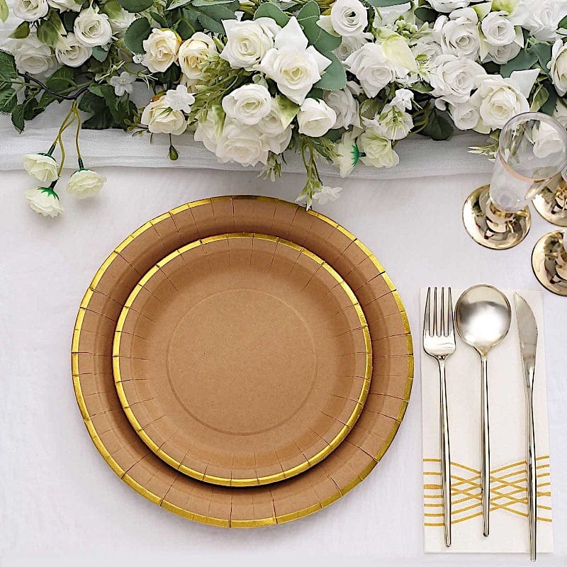 25 Round Natural Paper Salad Dinner Plates with Gold Lined Rim - Disposable Tableware