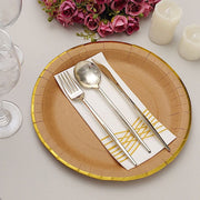 25 Round Natural Paper Salad Dinner Plates with Gold Lined Rim - Disposable Tableware