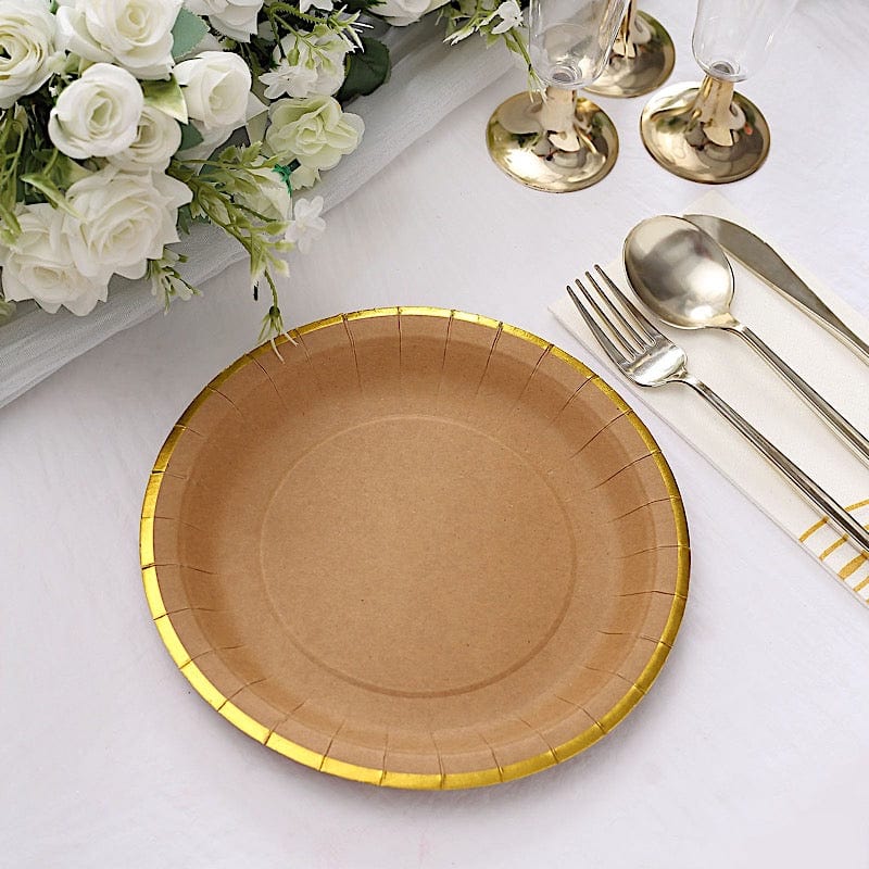25 Round Natural Paper Salad Dinner Plates with Gold Lined Rim - Disposable Tableware