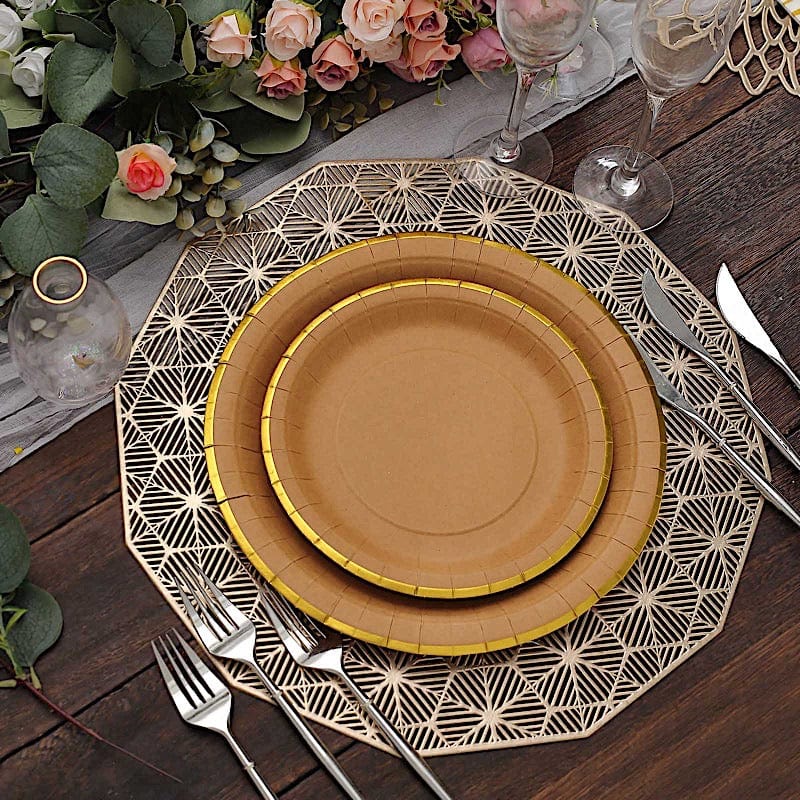 25 Round Natural Paper Salad Dinner Plates with Gold Lined Rim - Disposable Tableware