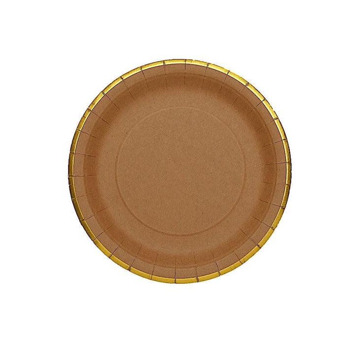 25 Round Natural Paper Salad Dinner Plates with Gold Lined Rim - Disposable Tableware DSP_PPR0015_10_NATGD