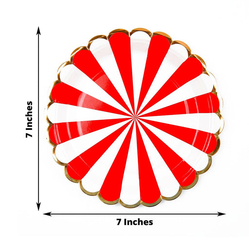 25 Round Paper Plates with Gold Scalloped Trim and Stripes Design - Disposable Tableware DSP_PPR0003_7_RED