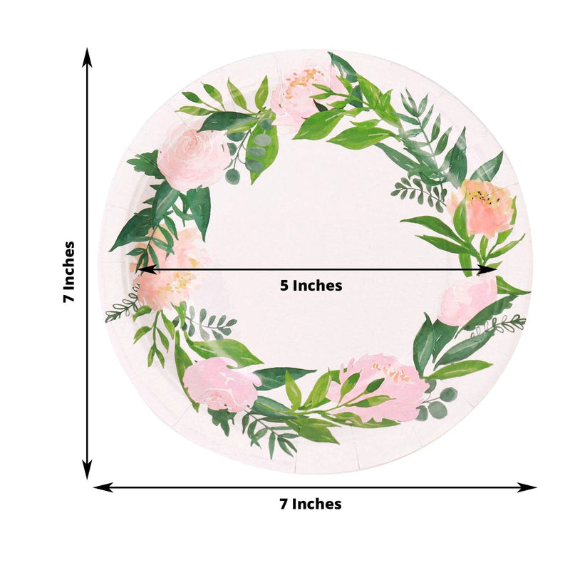 25 Round Paper Plates with Peony Flowers Wreath Design - Disposable Tableware