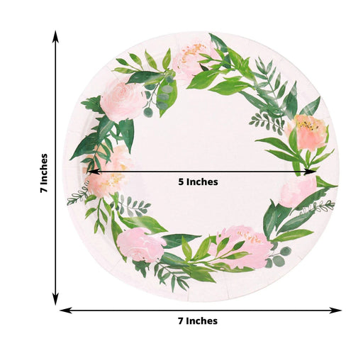 25 Round Paper Plates with Peony Flowers Wreath Design - Disposable Tableware