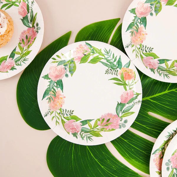 25 Round Paper Plates with Peony Flowers Wreath Design - Disposable Tableware DSP_PPR0004_7_WHT