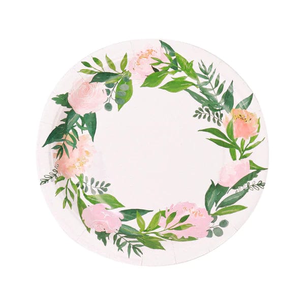 25 Round Paper Plates with Peony Flowers Wreath Design - Disposable Tableware DSP_PPR0004_7_WHT