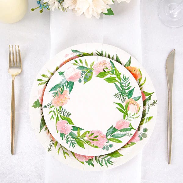25 Round Paper Plates with Peony Flowers Wreath Design - Disposable Tableware DSP_PPR0004_7_WHT