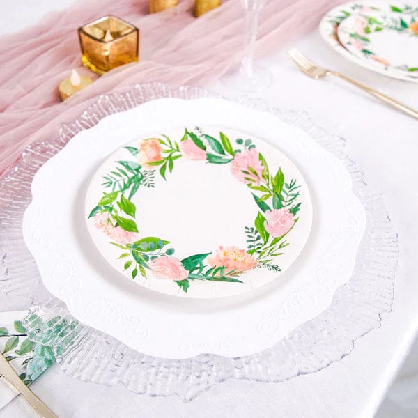 25 Round Paper Plates with Peony Flowers Wreath Design - Disposable Tableware DSP_PPR0004_7_WHT