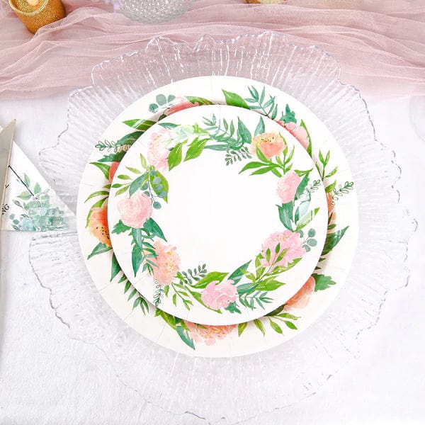25 Round Paper Plates with Peony Flowers Wreath Design - Disposable Tableware DSP_PPR0004_7_WHT
