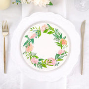 25 Round Paper Plates with Peony Flowers Wreath Design - Disposable Tableware DSP_PPR0004_7_WHT