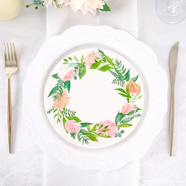 25 Round Paper Plates with Peony Flowers Wreath Design - Disposable Tableware DSP_PPR0004_7_WHT
