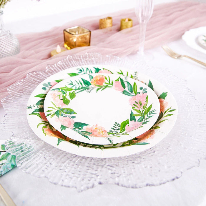 25 Round Paper Plates with Peony Flowers Wreath Design - Disposable Tableware DSP_PPR0004_7_WHT