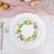 25 Round Paper Plates with Peony Flowers Wreath Design - Disposable Tableware DSP_PPR0004_7_WHT