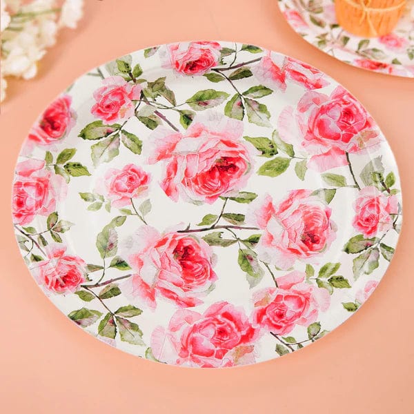 25 Round Paper Plates with Rose Flowers Design - Disposable Tableware